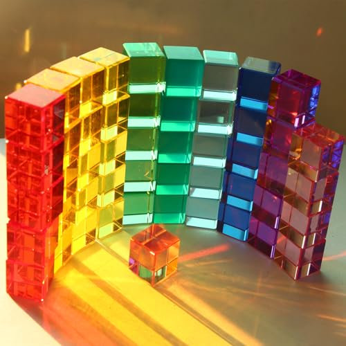 Nabeta Deco 50pcs Regenbogen Kristall Acryl Würfel Kinder Lernen Farbe Licht Schatten Spielzeug, Stapeln Edelsteinblöcke Sensorische Bausteine für Kinder