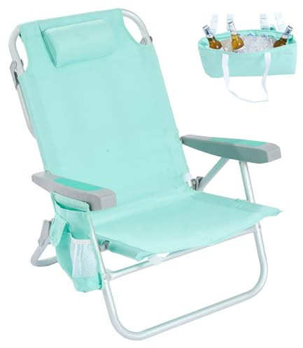 SUNNYFEEL Low Beach Chairs for Adults 5 Position Lay Flat, Portable Folding Backpack Beach Chair Heavy Duty with Cooler Bag, Cup Holder for Outdoor/Lawn/Picnic/Sand, Foldable Camping Chair