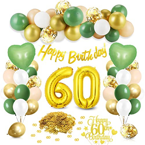60. Geburtstag Deko Salbeigrüne, Grün Gold Luftballon 60. Geburtstag mit Happy Birthday Girlande und Tortendeko, Grün Gold Ballons für 60 Jahre Geburtstagsdeko Frau Männer