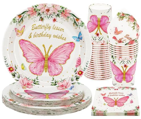 PARTY GO Juego de vajilla de fiesta de mariposa, 96 piezas, platos de papel desechables, vasos para decoración de fiesta de mariposa, juego de platos para 24 invitados