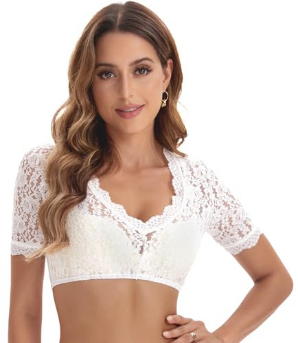Adisno Dirndl Bluse Damen,Dirndlbluse Spitze,Dirndlbluse, Dirndl Bluse Spitzen, Dirndlbluse Dirndlblusen mit Eleganten V-Ausschnitt und Sexy Spitze.（weiß，36）