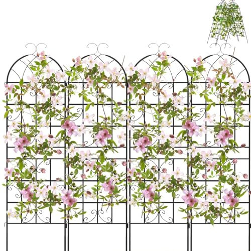 TANGZON 180/218/220cm Tall Metal Garden Trellis for Climbing Plants, 2/4 Pack Fence Trellis Panels, 2-in-1 Retro Style Cucumber Trellis, Decorative Plant Support Stand for Rose Ivy (4PCS, 50 x 180 cm)
