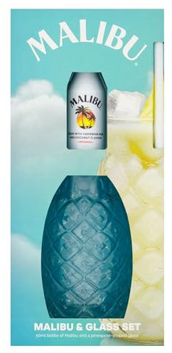 Malibu Caribbean Coconut White Rum Miniature Alcohol Bottle and Pineapple Glass Gift Set, including 5cl Malibu Rum and a Stylish Pineapple-Shaped Glass. Perfect for Christmas and Birthdays.