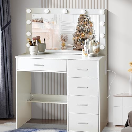 Dradaomull Sminkbord med belysning, sminkbord med spegel, klädbord, fåfängsbord för sminkning, 3 färger med justerbar ljusstyrka, 130 x 80 x 36 cm (M50)