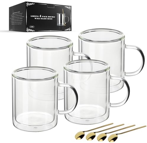 LIBWYS Juego de 4 vasos de doble pared para latte macchiato con asa (4 x 350 ml), vasos de cristal resistentes al calor con cuchara de acero inoxidable para café, té, bebidas calientes, zumos