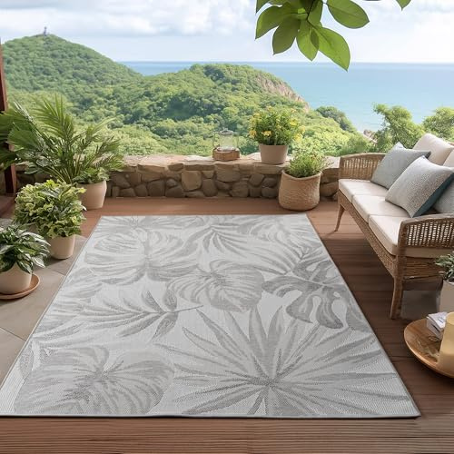 HomebyHome Outdoor Teppich Grau 120x170 cm, Wetterfest & UV-beständig, ideal für Küche, Balkon, Terrasse, Garten auch Wohnzimmer und Esszimmer, Palmblätter-Design