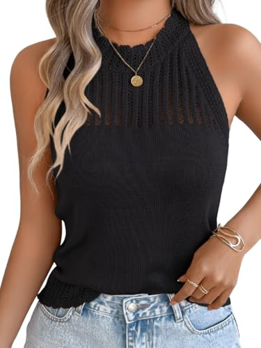 ChiaoLezhee Women's Summer Knit Tank Tops, Racerback High Neck Lightweight Sweater Vest, Dressy Casual Outfits, Ladies Halter Sleeveless Beach Crochet Eyelet Blouse Trendy Cute,Black,Large