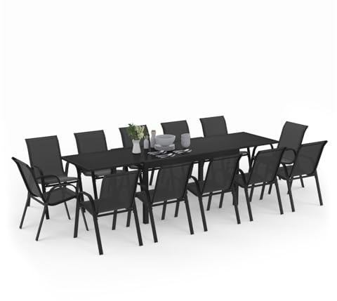IDMarket - Salon DE Jardin Madrid Table Extensible 135-270 cm | Et 12 chaises empilables, coloris noir