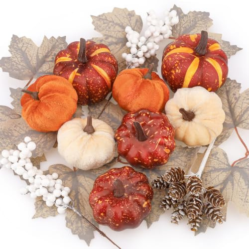 Funzhan 25Pcs Artificial Velvet Pumpkins Fall Decor Set Maple Pine Cones | Fake pumpkin autumn bowl filler faux grey neutral maple white berries pine cones fall harvest & winter christmas decor craft