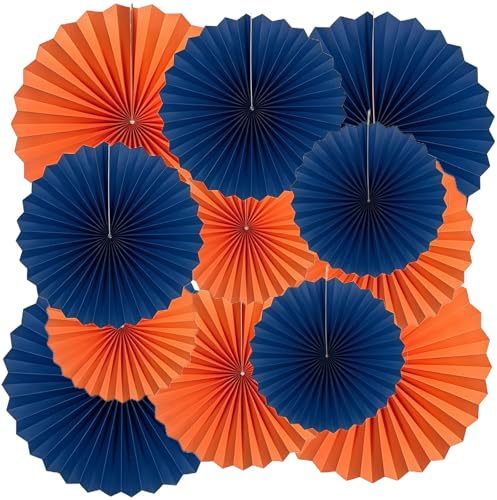 Blue and Orange Paper Fans Party Decoration 12pc Wall Background Ceiling Hanging Fans Decoration for Birthday Wedding Graduation Theme Party