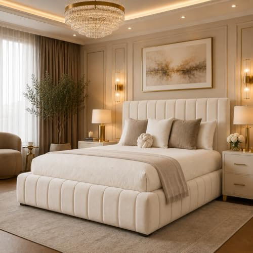 AL SULTAN King Size Bed with 48” Headboard, Luxury Plush Velvet Upholstered Cloud Bed, 5FT King Bed Frame with Slatted Base - Cream