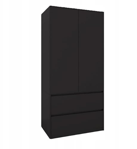 SerwisBox Armoire moderne noire de 90 cm de large, 180 cm de haut, panneau laminé, 2 tiroirs, 2 portes avec tringle à vêtements et étagères, armoire de chambre à coucher