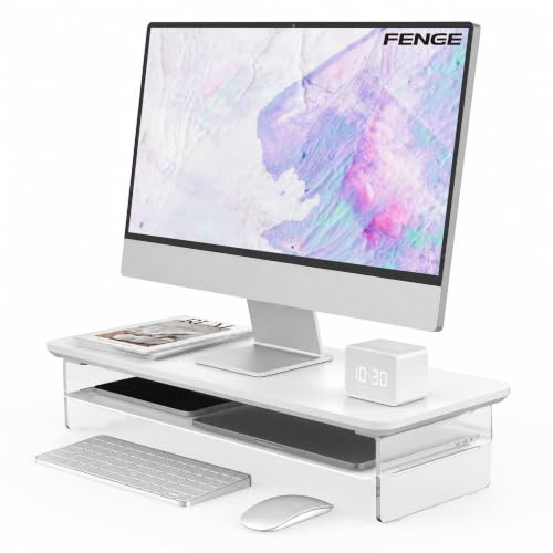Fenge Support Ecran PC, Acrylique, Ordinateur TV, Blanc, 60cm | Charge 45kg, Design Flottant, Tablette Métal, Bord Surélevé, Pastilles Antidérap., Organiseur, Moniteur Écran Bureau Maison