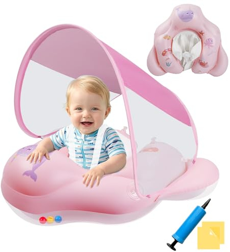 Ninonly Flotador Bebe con Sombrilla UV UPF 50+ Flotador Inflable para Bebe de Protección Solar Antivuelco Piscina Bebé con Asiento y Respaldo para Niños de 12 a 36 Meses(Rosa Opaco)