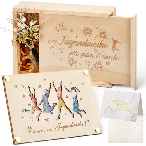 Maitys Set di 4 Regali in Denaro in Legno per Cerimonia di Gioventù, Incluso Porta Soldi, Biglietto in Legno, Biglietti d'Auguri, Fiori Secchi, Decorazione per Cerimonia di Gioventùper Bambine