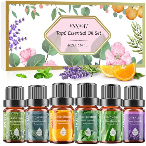 ESSNAT Oli Essenziali Set per Diffusore 6x10ML, Oli Essenziali Naturali per Aromaterapia,SPA – Lavanda,Menta Piperita,Eucalipto,Arancia Dolce,Tea Tree,Lemongrass – Oli Essenziali per Diffusori Casa