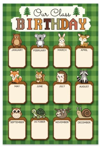 Penitue Happy Birthday Chart Poster, Video Game Theme Green Brown Birthday Calendar Poster with Cute Forest Animals Design Classroom Bulletin Board Decoration for Classroom Wall Decor