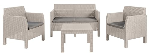 Toomax Set Salotto da giardino Matilde 4 posti grigio talpa, in plastica resistente effetto rattan, 2 poltrone con schienale ergonomico, divanetto da 2 posti e tavolo, ideale per spazi esterni