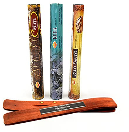 AROMASENSES - Sac inciensos 3 cajetillas con 20 Sticks Cada una, Mirra, Ruda y Palo Santo + Tablilla Aromasenses de Regalo