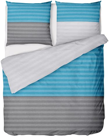 LINKHOFF Biber Bettwäsche 135x200 Baumwolle 2teilig | Kuschelige Bettwäsche Grau Blau Gestreift | Kissenbezug 80x80 + Bettbezug 135x200 Anthrazit