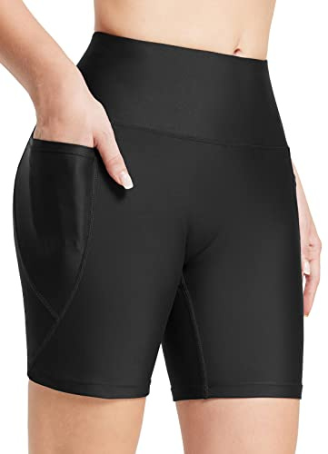 baleaf Swim Shorts Women High Waisted 6'' Swimsuit Shorts with Pockets Tummy Control Swimwear Liner UPF 50+ Black M