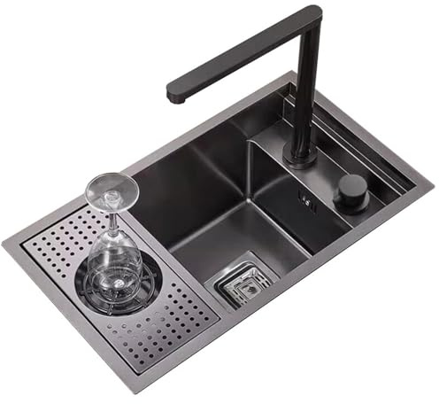 Single Bowl Stainless Steel Invisible Sink with Glass Washer Coffee Shop Restaurant Bar Concealed RV Small Sink with Cover, Lift Faucet Save Space (Color : Black, Size : 55 * 32 * 23cm)