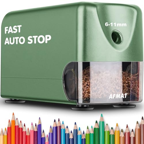 AFMAT Heavy Duty Electric Pencil Sharpener, Automatic Shut-Off for Colored Pencils #2 6-11mm, Standard/Large Pencils, Quick Sharpening in 3 Seconds, Pointed Tip, Green