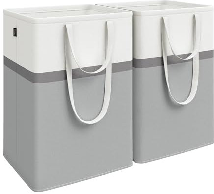 SONGMICS Wäschekorb 2er Set, 110 L Wäschesammler faltbar, mit kurzen und langen Griffen, leicht zu tragen und zu reinigen, freistehend, für Schlafzimmer Badezimmer, taubengrau LCB210G02