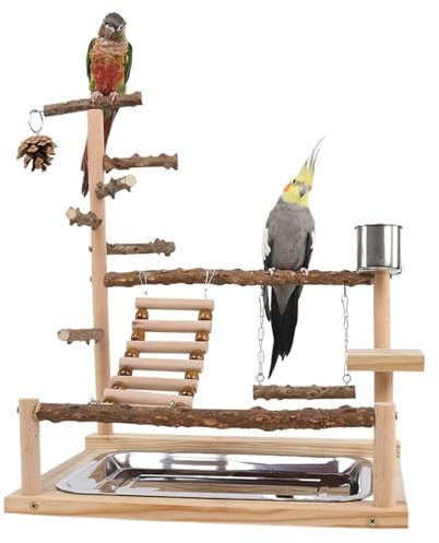 Pesoncarl Papageienspielständer, Vogelspielplatz Naturholz Papageienstand mit Feeder Cup Bird Barch Play Gym Bruedgie Spielzeug Papagei