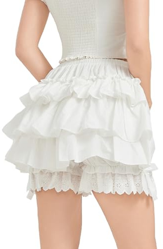 BEAUTELICATE Lolita Shorts Encaje Mujer Algodón Bloomers Victoriana Calabaza Enaguas con Lazo para Falda Vestido (Blanco - Volantes en las Caderas,L)