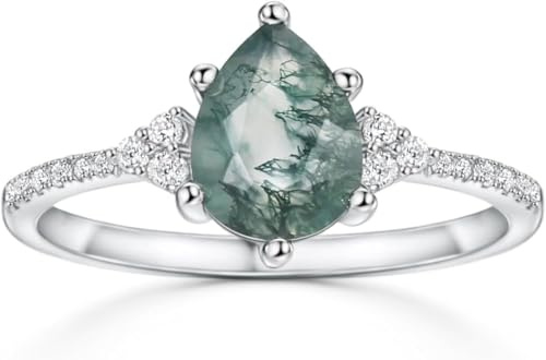 michooyel S925 Anillo de ágata de musgo natural de 1,5 quilates con ágata acuática de plata de ley, anillo de compromiso para mujer, anillo de boda único con piedra verde, regalo de joyería para mujer