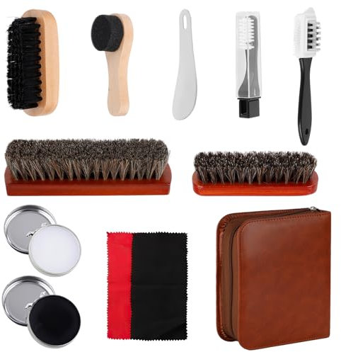 NZZVNZ 12-teiliges Schuhputzsets, Schuhpflege-Set, Shoe Polish Brushes, Schuhputz-Reise Set mit Bürstenset, Schuhcreme, Holzapplikator, Schuhlöffel