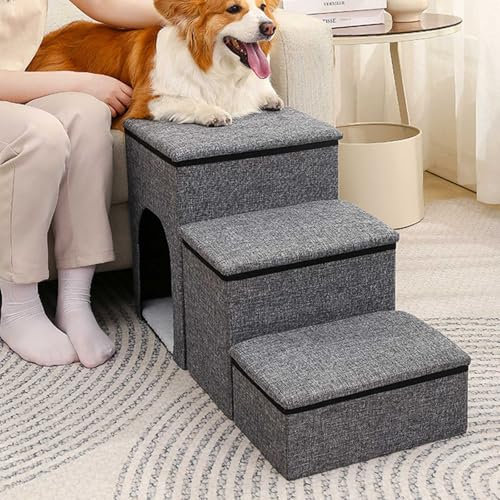 Dog Steps For Sofa Bed,Folding 3-Step Pet Steps For Sofas High Beds,Foldable Pet Steps Non-Slip Dog Ramps With Storage And Condo With Removable Cover For Dogs Cats And Injured Pets Grey