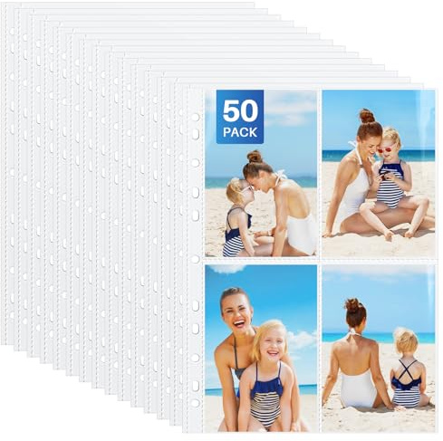 WenYa 50-Pack A4 4-Pocket Photo Sleeves for 4x6 & 6x4 Pictures, Top-Loading Clear Punch Pockets for 2/3/4 Ring Binder, Holds 200/400 Items Total - for Photos, Recipes, Inserts