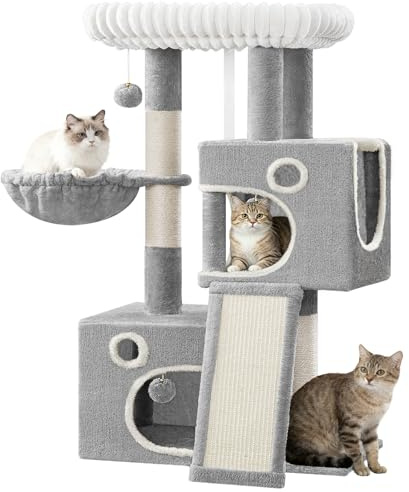 Hzuaneri Arbre a Chat, Petit Arbre à Chat de 113 cm, Gris Clair | Spacieux et Stable, avec Grande Plateforme Souple, Pompons, Panier, Griffoir et Planche à Gratter, MS11318LG