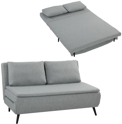 HOMCOM Divano Letto 2 Posti 3 in 1 in Tessuto Effetto Lino con 2 Cuscini, Divano Letto Matrimoniale Salvaspazio Reclinabile 3 Livelli, Seduta Imbottita, Struttura Eucalipto, Soggiorno, Grigio Chiaro