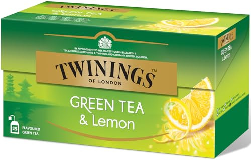 Twinings Green Tea and Lemon - Grüner Tee mit erfrischendem Zitronengeschmack im Teebeutel - einzigartige Grüntee Mischung verfeinert mit Zitronenschale, 25 Teebeutel (40 g)
