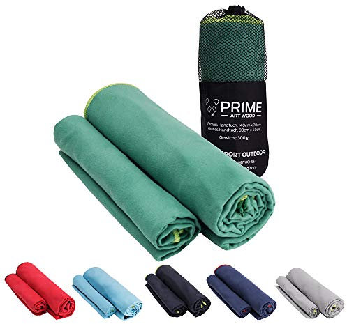 PRIME ART WOOD Mikrofaser Handtücher, Schnelltrocknend, Saugstark, Super Weich, Viele Größen & Farben, Reisehandtuch, Sporthandtuch, Badetuch (Grün, Set1: 140x70cm + 80x40cm)