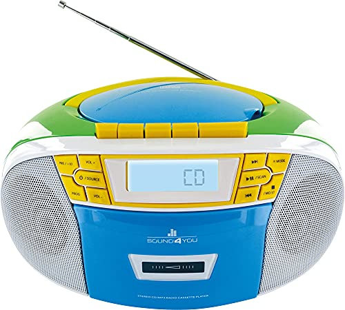 SCHWAIGER 661644 Reproductor de CD con Casete y Radio MP3 Conexión USB Radio FM Auriculares AUX Boombox Funcionamiento por Red y Pilas Pantalla portátil de Color