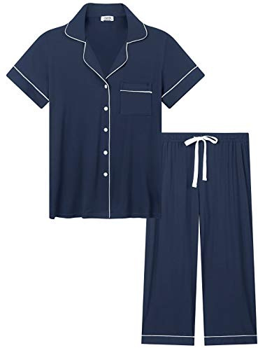 Amorbella Womens Bamboo Viscose Pyjamas Ladies 3/4 Length Capri Pjs Set Breathable Cooling Short Sleeve Button Nightwear(Navy Blue, Large)