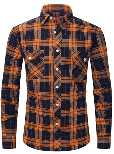 Flanellhemd Herren Hemd Kariertes Hemd Freizeithemd Flanell Hemden Langarmhemd Casual Button Down Shirt Langarm Freizeithemd mit Zwei Taschen Orange/Navy-S
