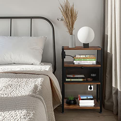 Chleby Mesita de Noche con Enchufe, Mesa Auxiliar con 1 cajón, Dormitorio Estrecha Mesitas de Noche, Organizador para Dormitorio, Sala de Estar