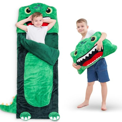 iPlay, iLearn Sacco a Pelo per Bambini, Motivo: Dinosauro, Tappetino per pisolino, in Peluche, 2 in 1, Cuscino per Asilo Nido, Asilo, per Interni ed Esterni, Inverno, Viaggi, Campeggio, età 3 4 5 6 7