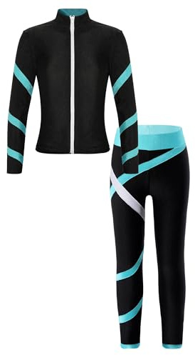 TiaoBug Mädchen Sport Jacke und Jogginghose Sport Leggings Yoga Hose Trainingshose Sweatjacke Yoga Fitness Training Kleidung Set Blau Grün 146-152