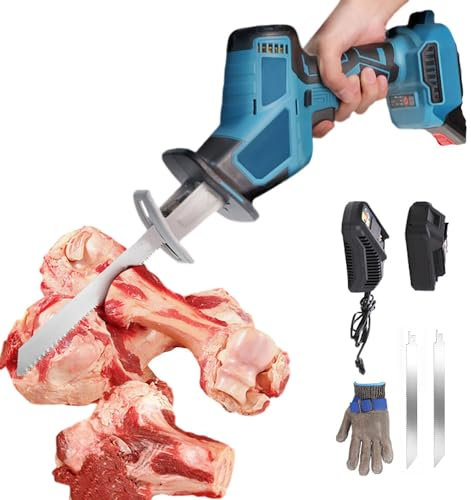 Sierra de huesos eléctrica 21V, 3.0mAh sierras de sable sin cable para carne, sierra de huesos con motor sin escobillas para manitas de cerdo, huesos de ternera, chuletas de cordero,1Battery