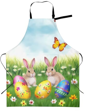 Mount Hour Easter Bunny Eggs Adjustable Apron with 2 Pockets, Spring Flower Rabbit Chef Bib for Grilling Painting Garden
