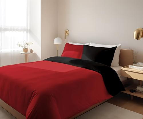 GLHOME Idee per la casa GL HOME Copripiumino Matrimoniale Double Face 100% Cotone - Qualità Made In Italy - Set Letto Sacco e Federe Bicolore - Rosso/Nero