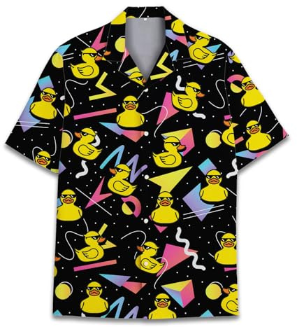 HIHI Global Neon Alien Hawaiian Shirt for Men Women, Alien Shirt Button Down Short Sleeve, Alien Mens Hawaiian Shirts, Duck 6, Large