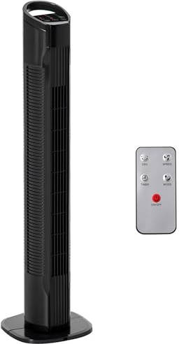 HOMCOM Ventilador de Torre Ventilador Vertical 50W con Mando a Distancia 3 Velocidades Pantalla LED Temporizador 7,5h y Oscilante 70° Ø20x78,5 cm Negro