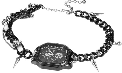 JewelryWe Damfickur, choker med klocka: Gotisk analog kvarts åttakantig kedjeklocka, rostfritt stål, pansarkedja, läder, Chunky justerbart halsband, korspikar, hänge, kvadratisk, släpvagnsklocka,